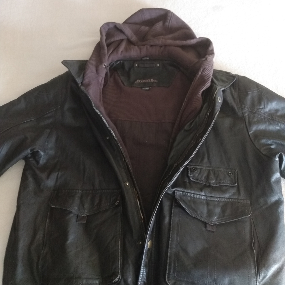 Leather coat w/removable hood